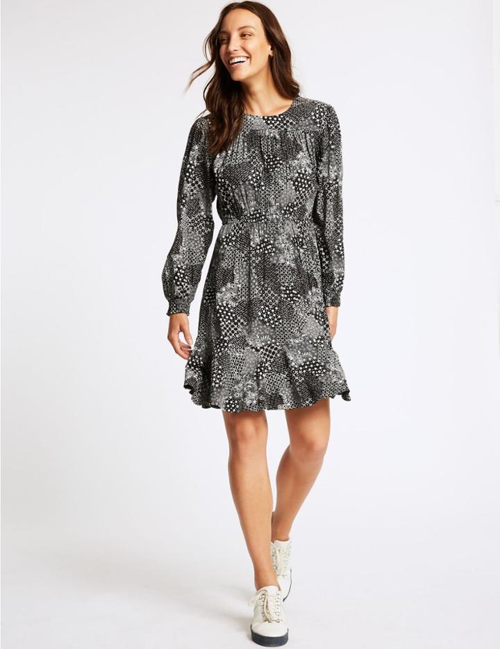 Marks & Spencer Floral Print Ruffle Hem Swing Dress Black Mix