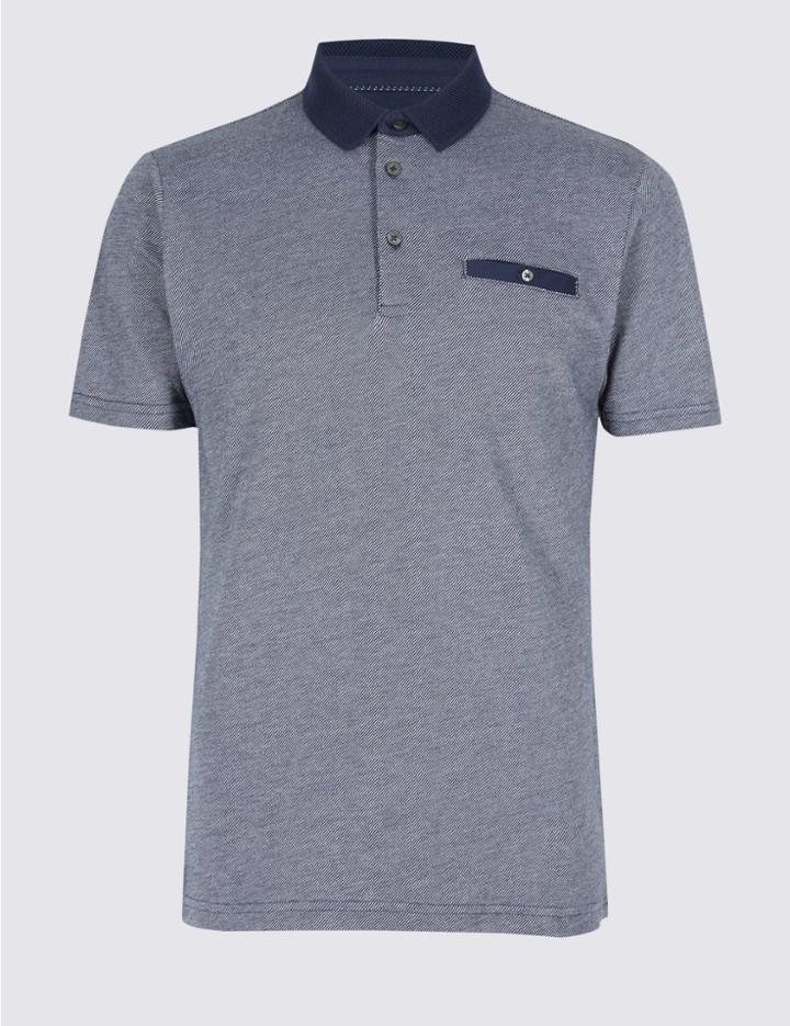 Marks & Spencer Pure Cotton Slim Fit Textured Polo Shirt Navy Mix