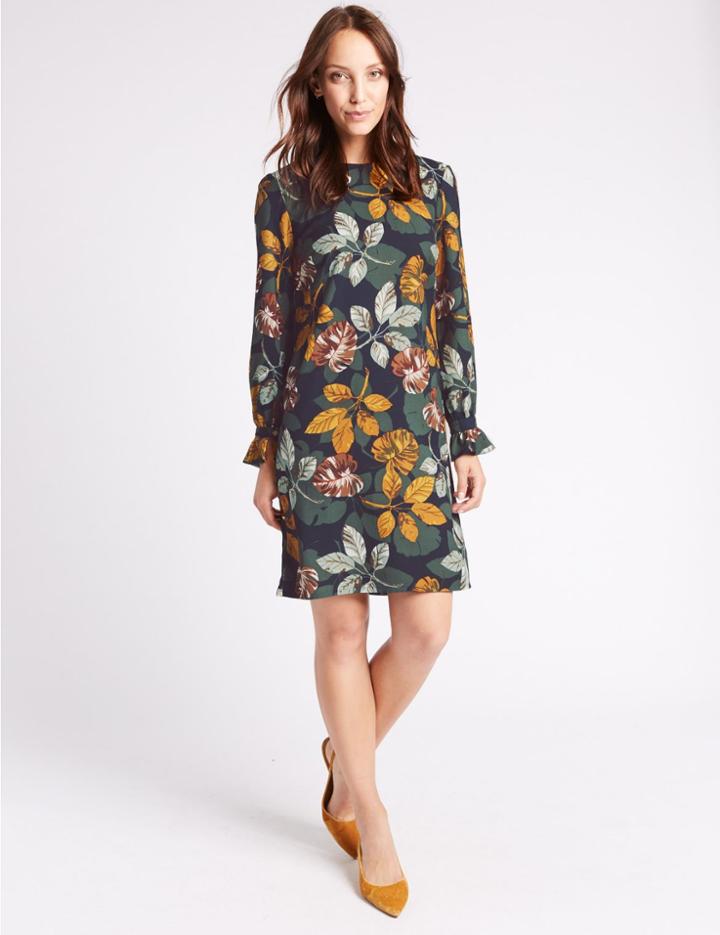 Marks & Spencer Leaf Print Flared Cuff Tunic Dress Navy Mix