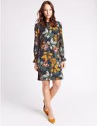 Marks & Spencer Leaf Print Flared Cuff Tunic Dress Navy Mix