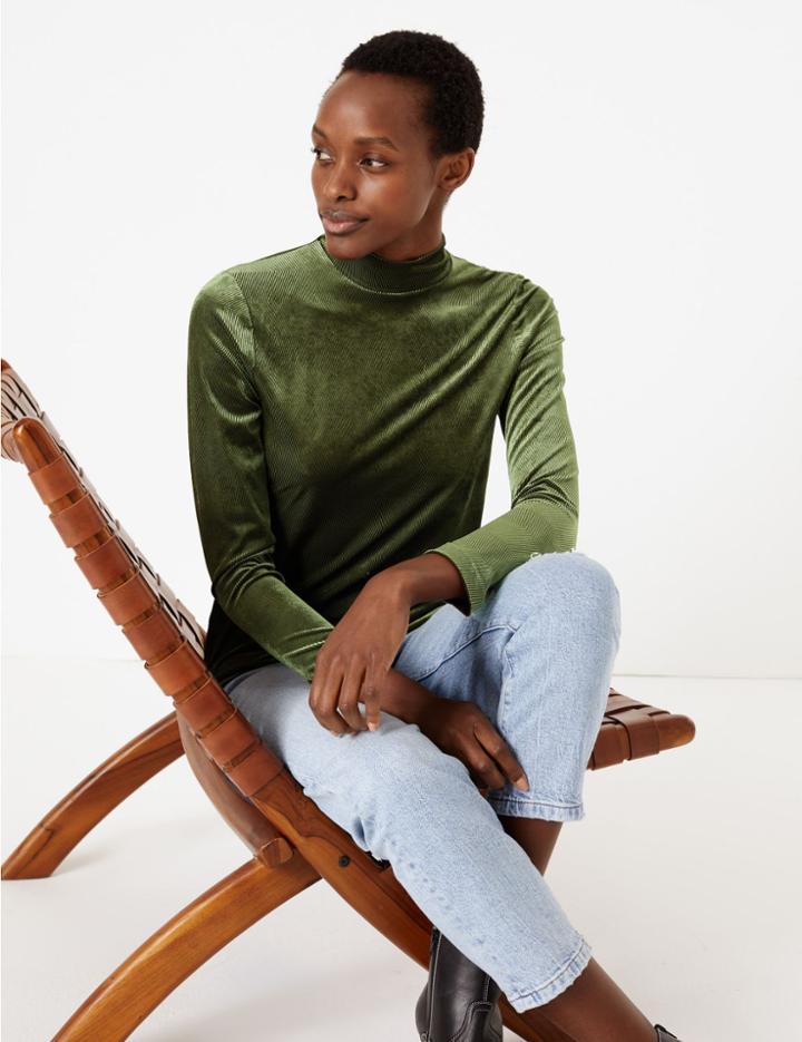 Marks & Spencer Chevron Fitted Long Sleeve Top Green