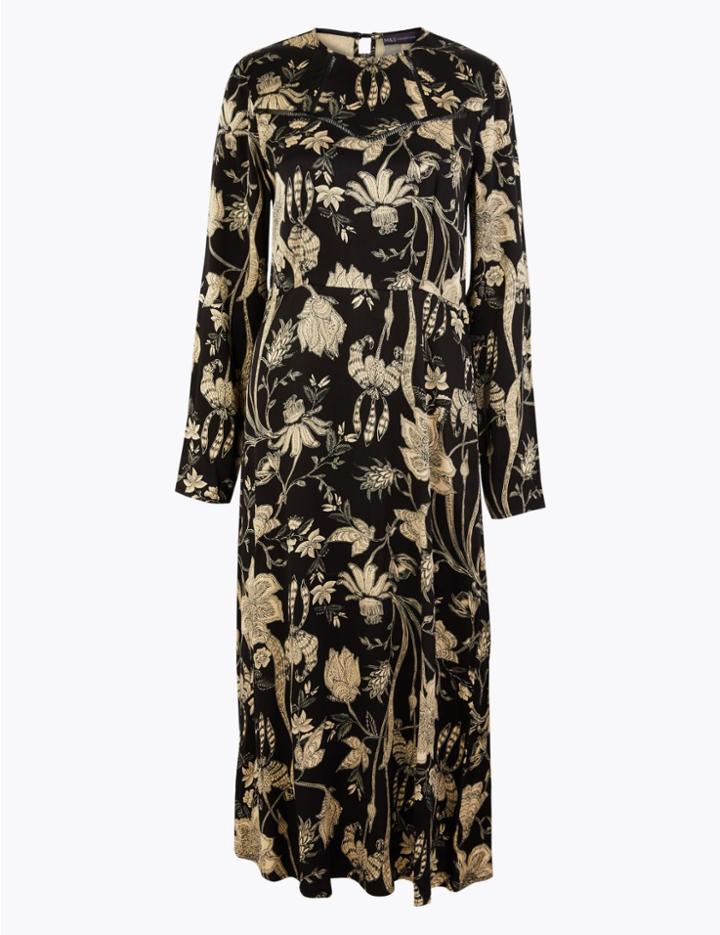Marks & Spencer Satin Floral Print Waisted Midi Dress Black Mix