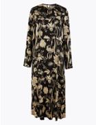 Marks & Spencer Satin Floral Print Waisted Midi Dress Black Mix