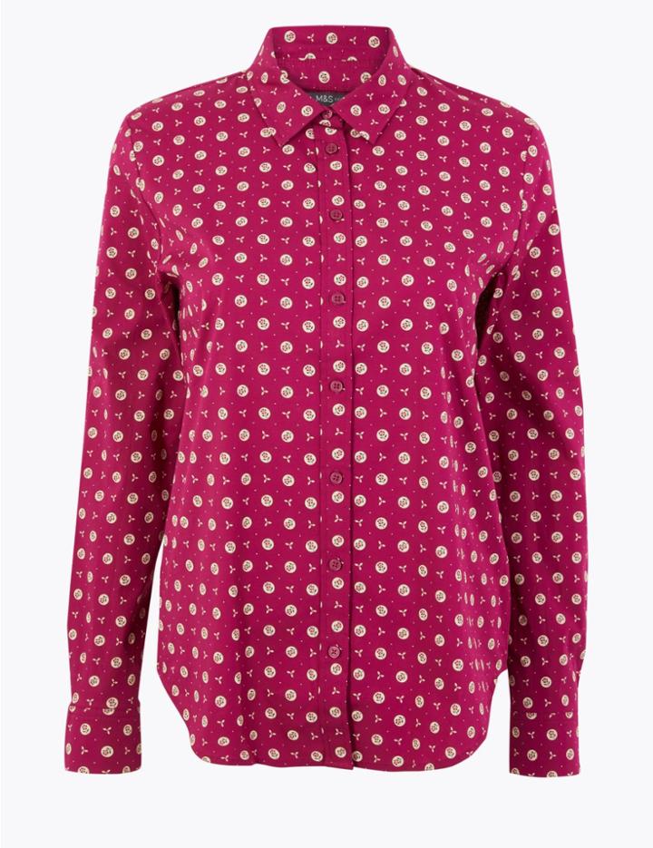 Marks & Spencer Cotton Rich Floral Print Slim Fit Shirt Magenta Mix
