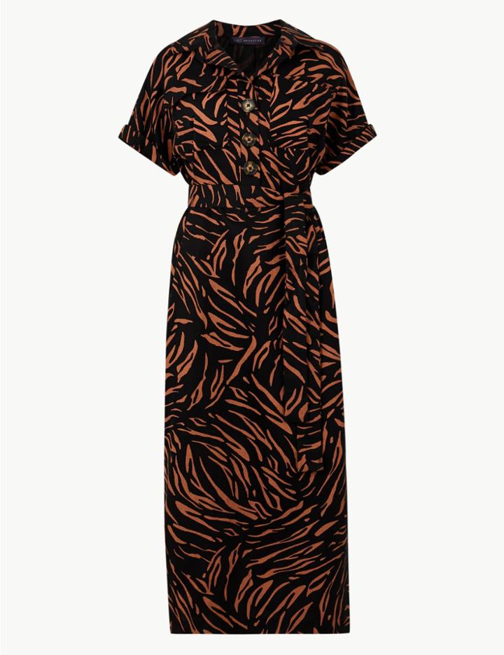 Marks & Spencer Linen Blend Animal Print Midi Shirt Dress Black Mix