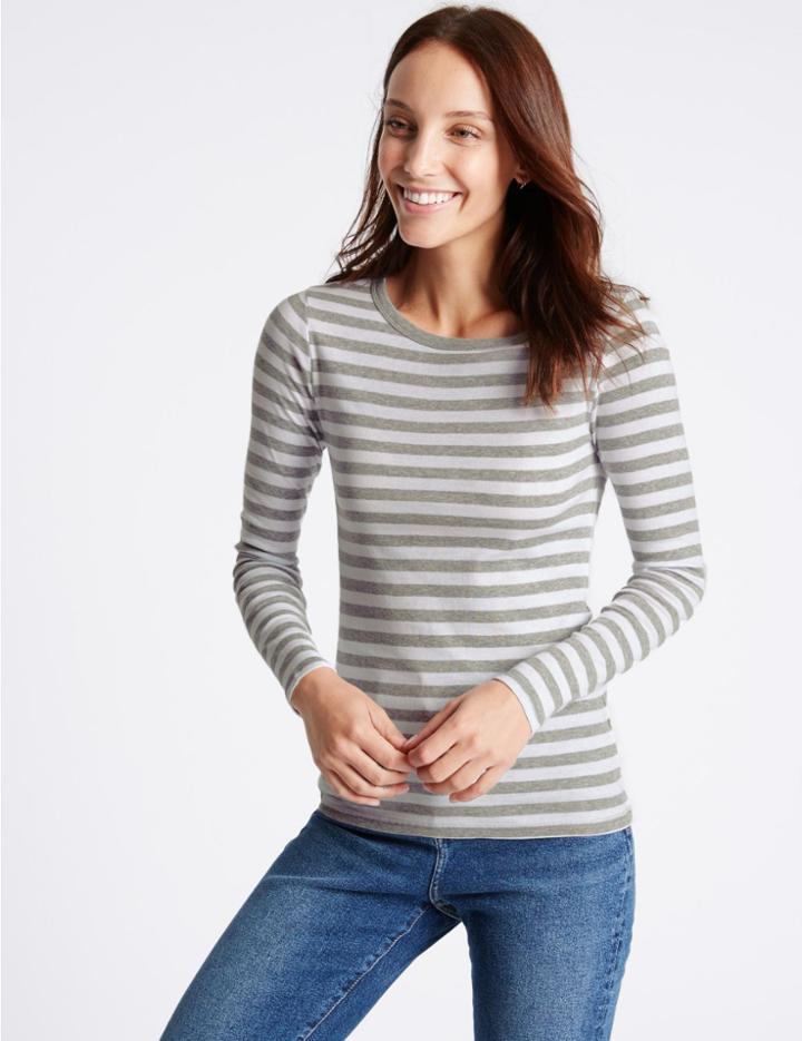Marks & Spencer Pure Cotton Striped Long Sleeve T-shirt Grey Mix