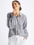 Marks & Spencer Cotton Rich Striped Longline Shirt Grey Mix