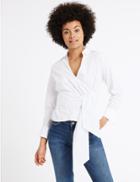 Marks & Spencer Pure Cotton Poplin Wrap Long Sleeve Blouse White