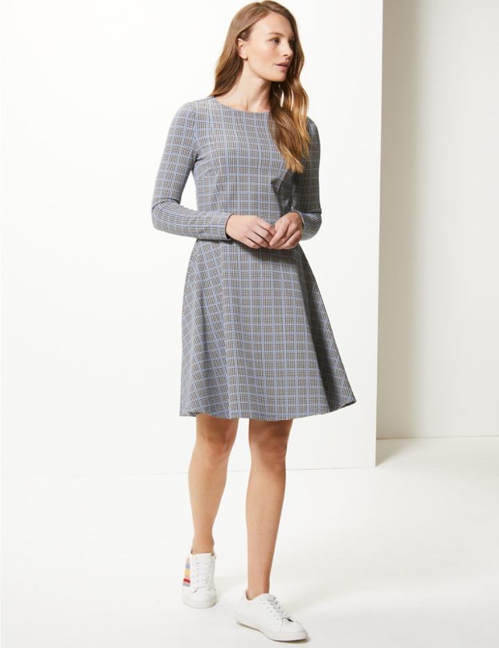 Marks & Spencer Checked Long Sleeve Fit & Flare Mini Dress Blue Mix