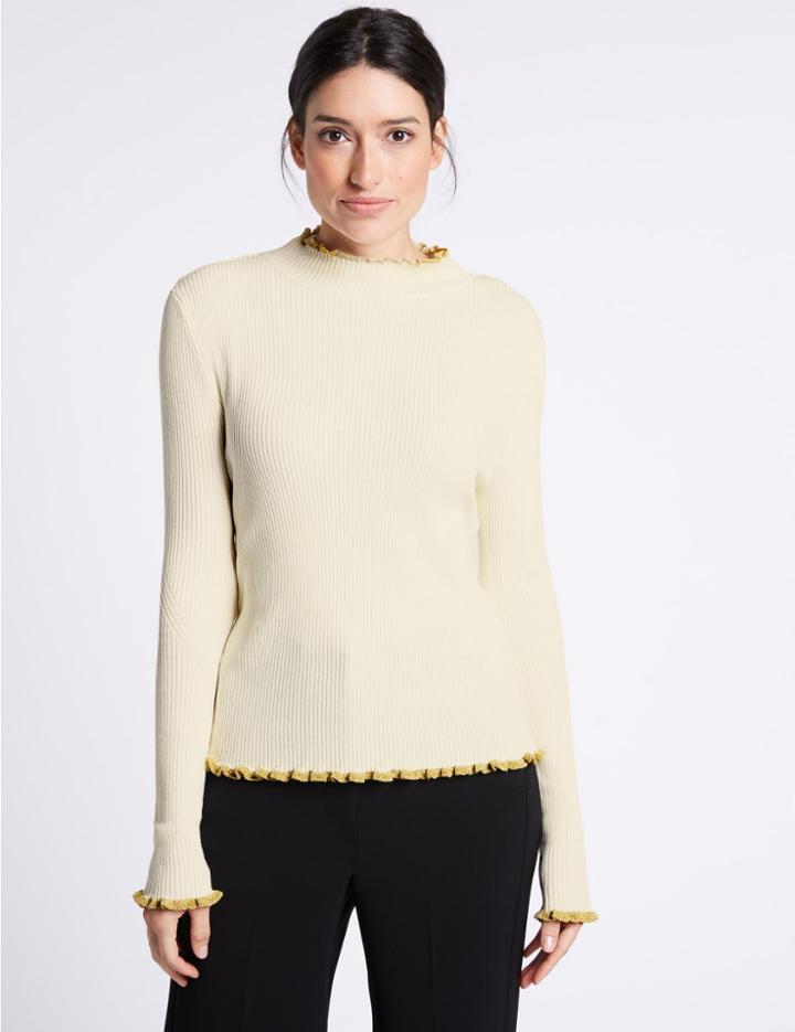 Marks & Spencer Contrasting Edge Roll Neck Jumper Ivory Mix