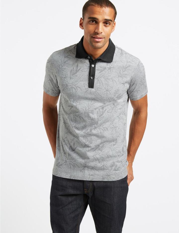 Marks & Spencer Pure Cotton Floral Printed Polo Shirt Grey Mix