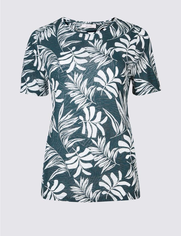 Marks & Spencer Palm Print Round Neck Short Sleeve T-shirt Ivory Mix