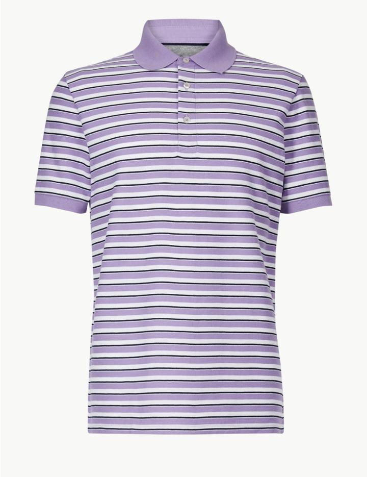 Marks & Spencer Pure Cotton Striped Polo Shirt Lilac Mix