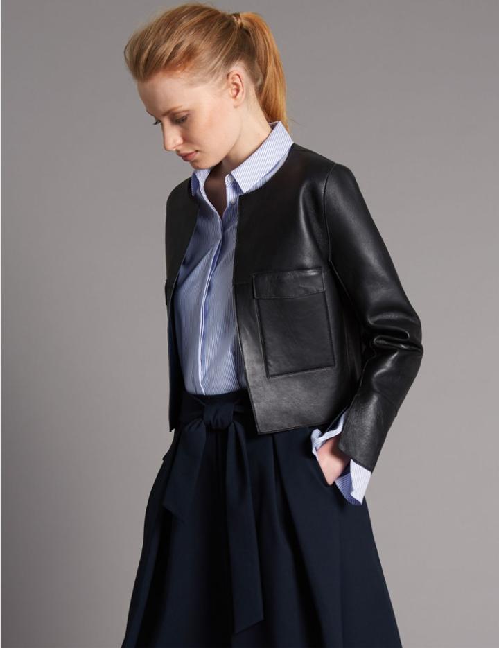 Marks & Spencer Pure Leather Edge To Edge Jacket Navy Mix