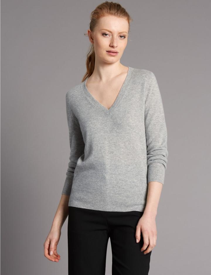 Marks & Spencer Pure Cashmere V-neck Jumper Medium Slate