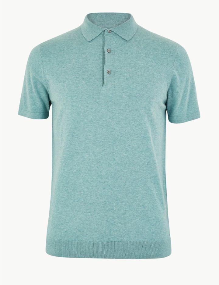 Marks & Spencer Cotton Rich Knitted Polo Sea Green