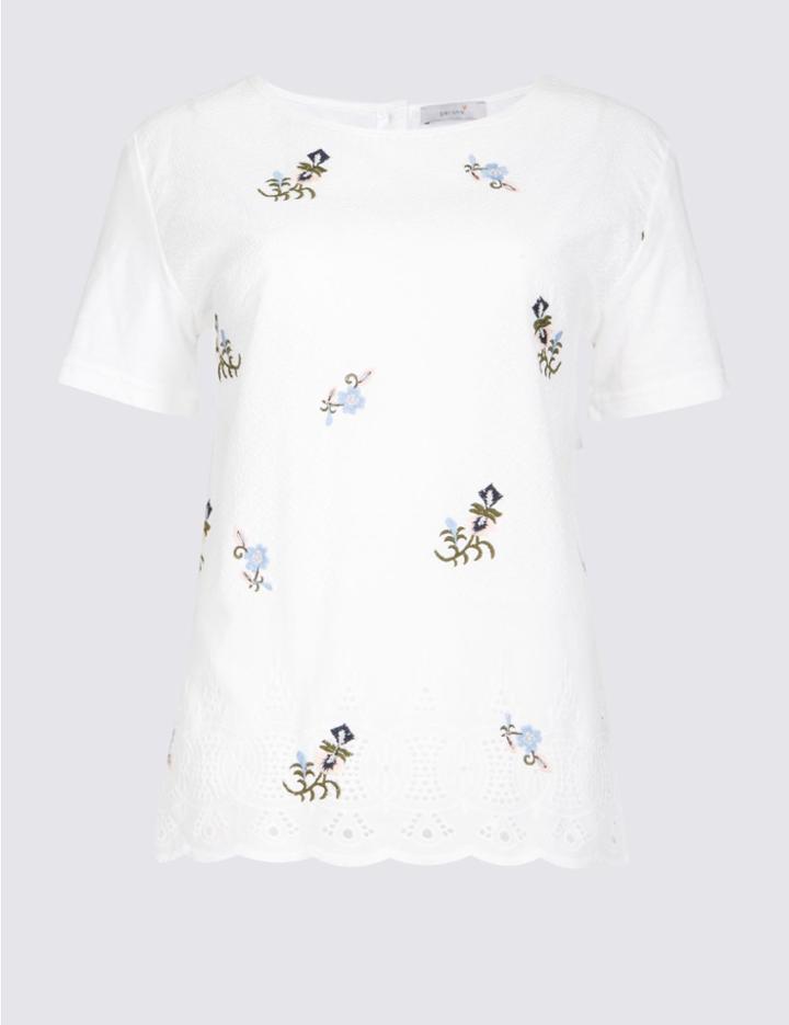 Marks & Spencer Pure Cotton Embroidered Short Sleeve T-shirt Ivory