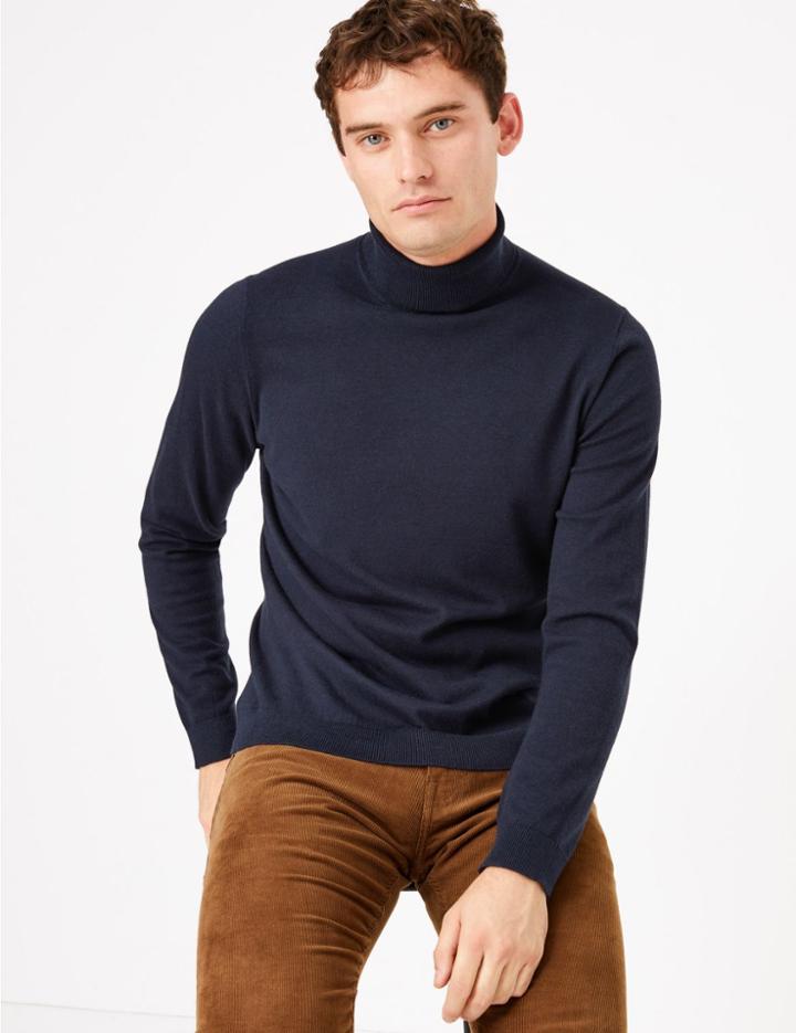 Marks & Spencer Cotton Rich Roll Neck Jumper Navy