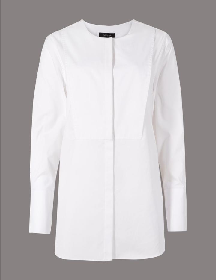 Marks & Spencer Pure Cotton Round Neck Long Sleeve Shirt Soft White