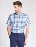 Marks & Spencer Pure Cotton Checked Shirt With Pocket Medium Blue