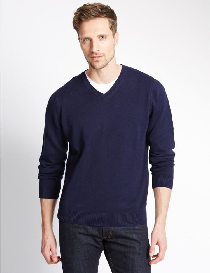 Marks & Spencer Pure Cotton V-neck Jumper Indigo