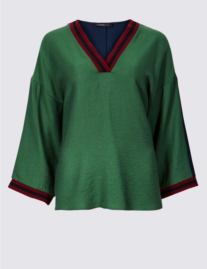 Marks & Spencer Textured V-neck Long Sleeve Blouse Green