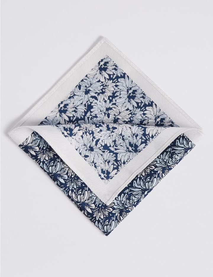 Marks & Spencer Pure Silk Floral Pocket Square Navy Mix