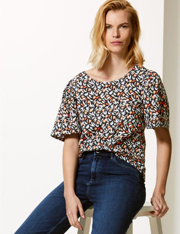 Marks & Spencer Printed Round Neck Short Sleeve Blouse Multi