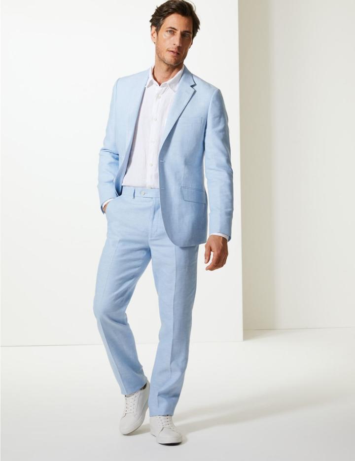 Marks & Spencer Tailored Fit Linen Miracle Trousers Light Blue