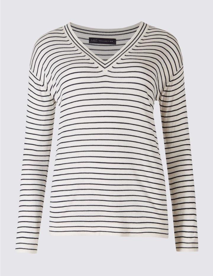 Marks & Spencer Striped V-neck Jumper White Mix