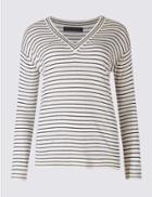Marks & Spencer Striped V-neck Jumper White Mix