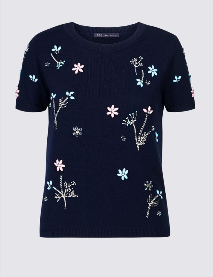 Marks & Spencer Embellished Round Neck Short Sleeve Jumper Navy