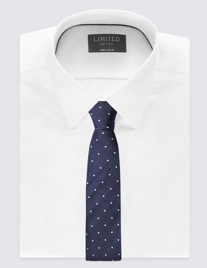 Marks & Spencer Pure Silk Spotted Tie Pale Blue