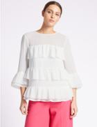 Marks & Spencer Ruffle Layer Round Neck 3/4 Sleeve Blouse Ivory Mix