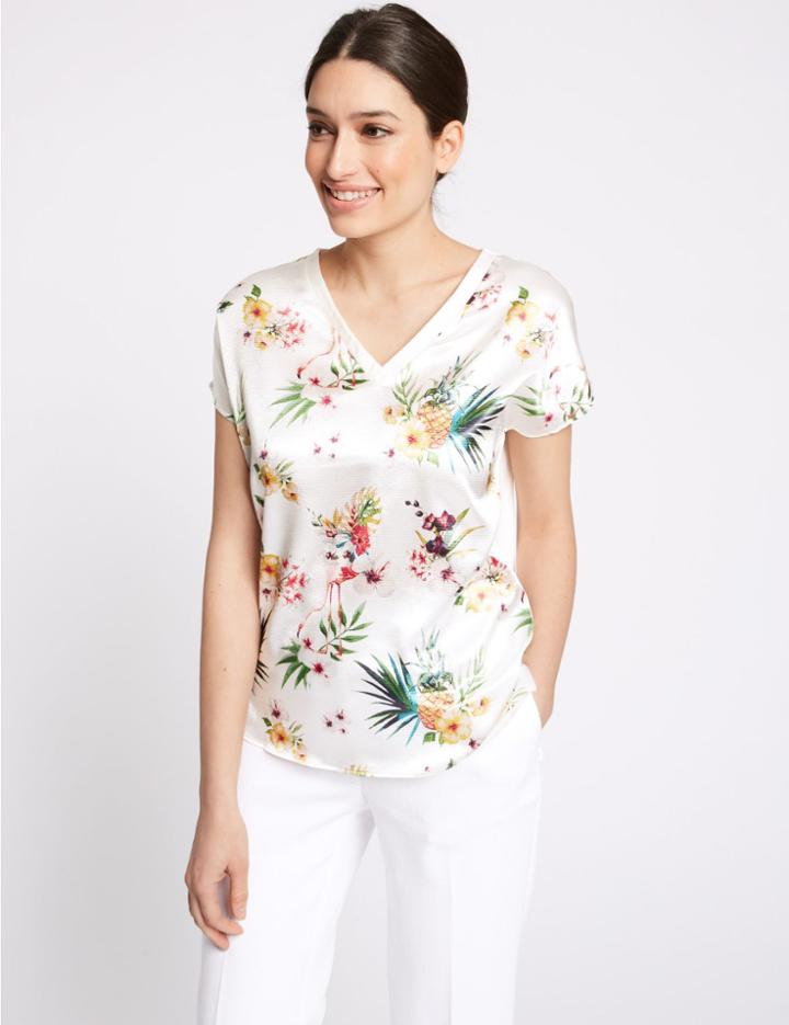 Marks & Spencer Pineapple Print V-neck Short Sleeve Top Ivory Mix