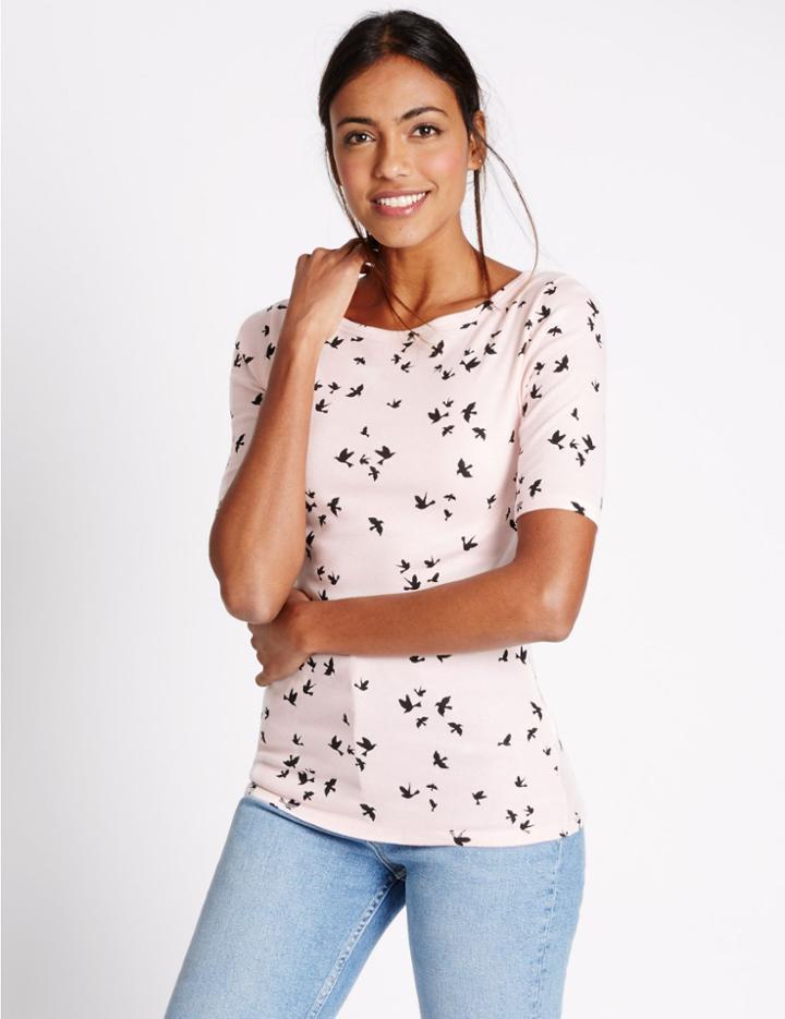 Marks & Spencer Pure Cotton Bird Print Slash Neck T-shirt Pink Mix