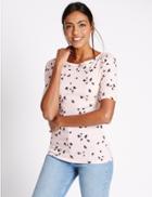 Marks & Spencer Pure Cotton Bird Print Slash Neck T-shirt Pink Mix