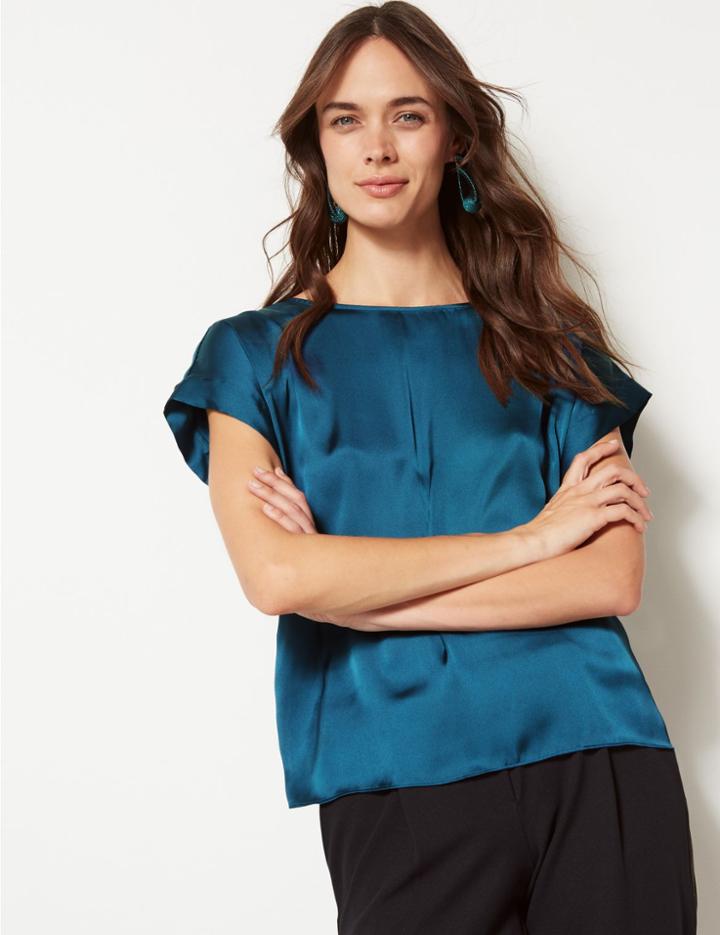 Marks & Spencer Satin Round Neck Short Sleeve Top Teal