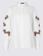 Marks & Spencer Petite Pure Cotton Floral Embroidered Shirt White Mix