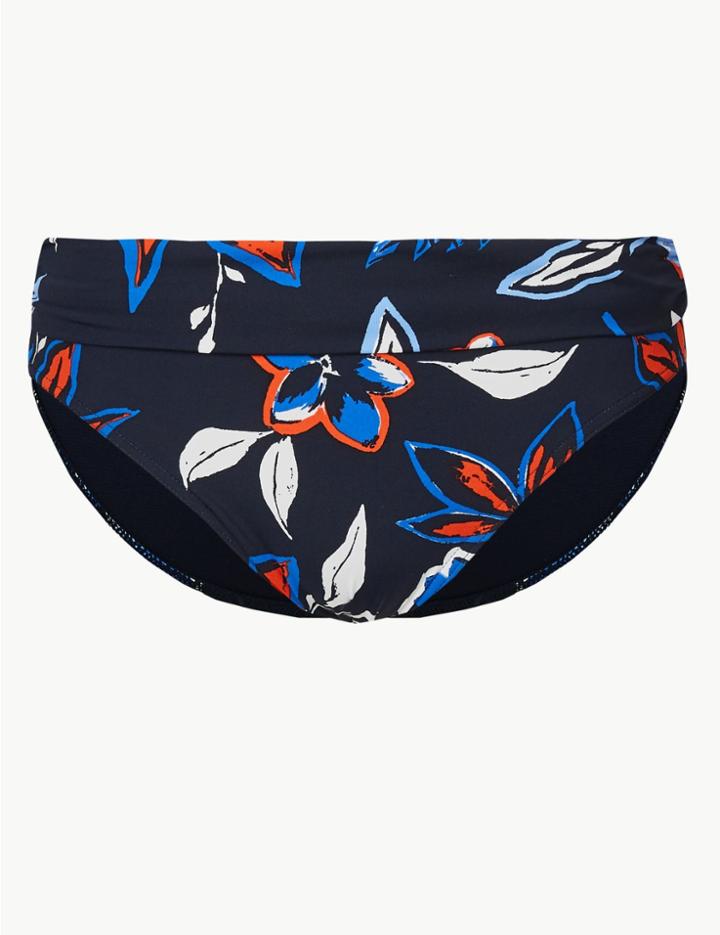 Marks & Spencer Floral Print Roll Top Bikini Bottoms Blue Mix
