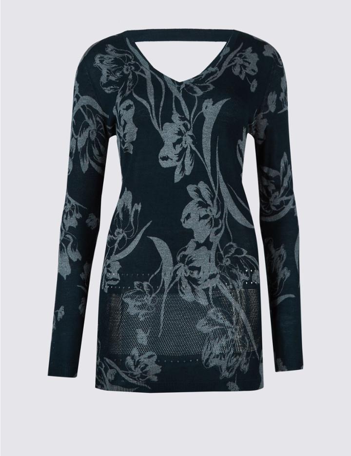 Marks & Spencer Floral Print V-neck Jumper Navy Mix