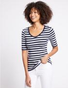 Marks & Spencer Pure Cotton Striped Half Sleeve T-shirt Navy Mix