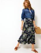 Marks & Spencer Floral Print Pretty Ruffle Midi Skirt Navy Mix