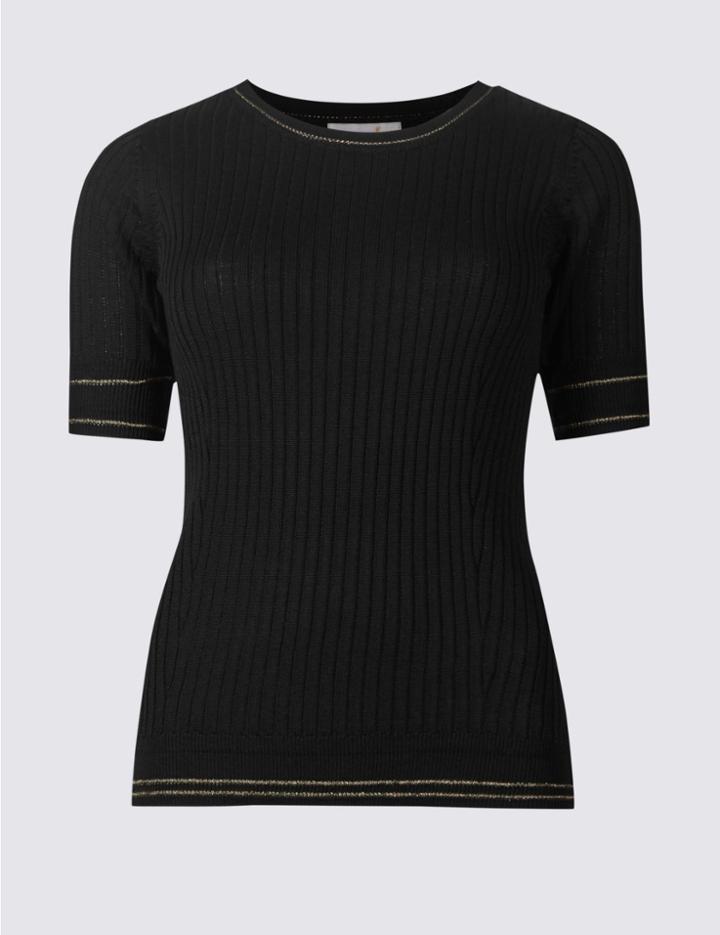 Marks & Spencer Contrasting Edge Half Sleeve Jumpers Black