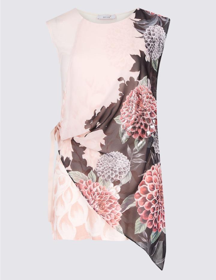 Marks & Spencer Floral Print Tie Side Round Neck Tunic Ivory Mix