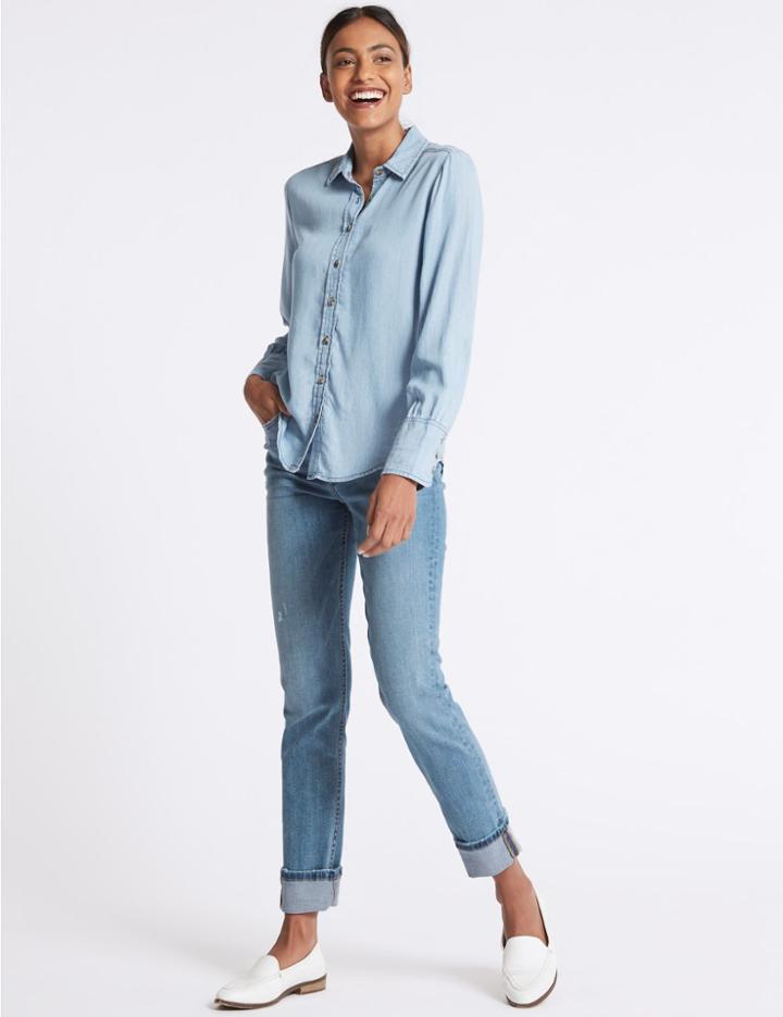 Marks & Spencer Ripped Mid Rise Relaxed Slim Jeans Medium Blue