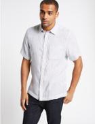Marks & Spencer Pure Linen Striped Shirt With Pocket Blue Mix