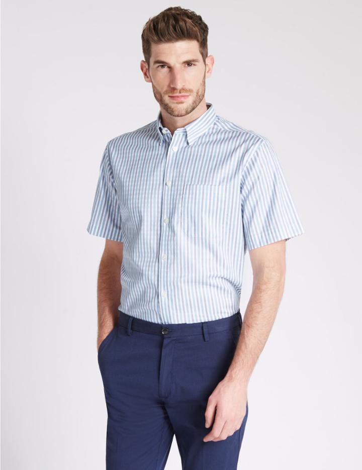 Marks & Spencer Pure Cotton Striped Shirt With Pocket Medium Blue