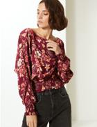 Marks & Spencer Floral Print Slash Neck Long Sleeve Blouse Burgundy Mix