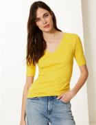 Marks & Spencer Pure Cotton V-neck Regular Fit T-shirt Yellow